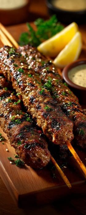 BBQ Kafta Skewers Portrait macro close-up of sizzling BBQ kafta skewers