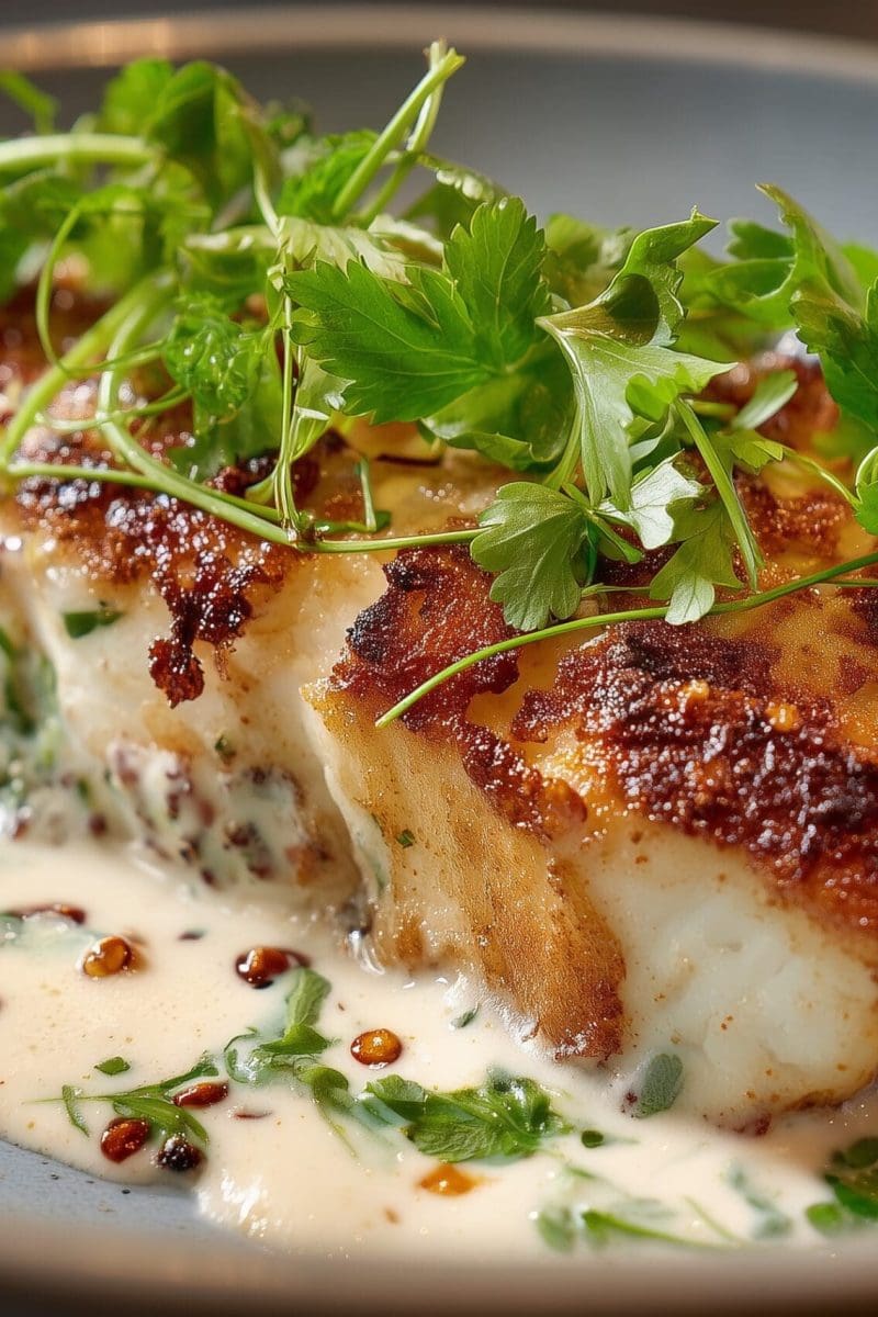 Samke Harra Baked Fish in Tahini Sauce Extreme macro of a fillet of baked fish