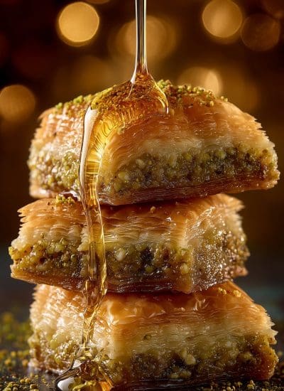 Three Golden Brown Baklava Squares Macro of three golden-brown baklava squares